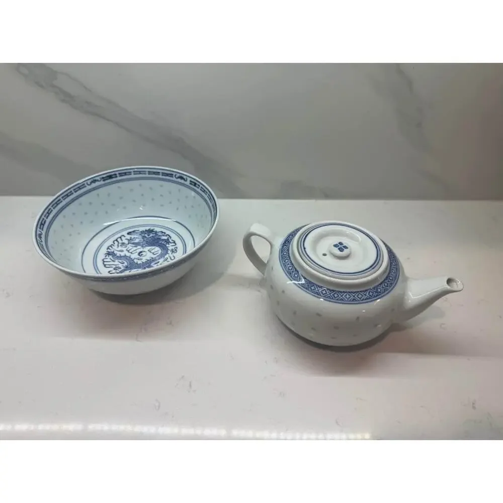 Vintage Chinese Rice Grain Blue and White Set - Teapot With Lid & Serving Bowl